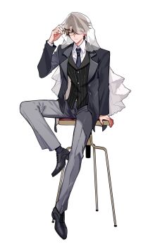 0529lt 1boy absurdres black_shoes black_socks black_vest blue_jacket blue_necktie bridal_veil brown_hair chinese_commentary closed_mouth collared_shirt commentary_request dress_shoes full_body glasses grey_pants hair_between_eyes hand_rest highres honkai:_star_rail honkai_(series) jacket knee_up lapels looking_at_viewer male_focus multicolored_hair necktie notched_lapels open_clothes open_jacket oxfords pants pinstripe_pattern pinstripe_vest semi-rimless_eyewear shirt shoes simple_background sitting socks solo stool streaked_hair under-rim_eyewear veil vest welt_yang white_background white_shirt white_streaks white_veil wing_collar