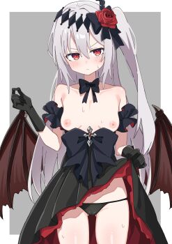 1girl absurdres bare_shoulders bat_wings black_bow black_bowtie black_dress black_gloves black_panties blush border bow bowtie breasts closed_mouth clothes_pull collarbone commission dress dress_pull flower gloves hair_flower hair_ornament highres long_hair looking_at_viewer mare_(ac8231) maud0239 medium_breasts naked_bowtie nipples one_side_up original panties pulling_own_clothes red_eyes red_flower red_rose rose second-party_source solo sweat underwear white_border white_hair wings