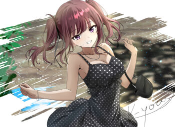 1girl armpit_peek bag bare_arms bare_shoulders belt black_bag black_belt black_dress blue_eyes breasts brown_hair chain chain_bracelet chest_ribbon cleavage collarbone commentary_request dot_nose dress handbag hands_up highres jewelry k-yous light_blush looking_at_viewer medium_breasts medium_hair mole mole_under_eye natsuki_karin necklace polka_dot polka_dot_dress signature sleeveless sleeveless_dress smile solo spaghetti_strap sundress synthesizer_v teeth twintails upper_body