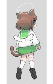 Rule 34 | 1girl, angel, angel wings, animal ears, black shoes, border, brown eyes, brown hair, cat ears, cat girl, cat tail, clenched hands, collar, commentary request, flying, from behind, green collar, green skirt, green trim, grey background, halo, highres, long sleeves, looking back, medium hair, mini wings, naka (buttergirl 02), original, partial commentary, puffy long sleeves, puffy sleeves, sailor collar, school uniform, serafuku, shirt, shoes, simple background, skirt, socks, tail, white border, white shirt, white socks, wings