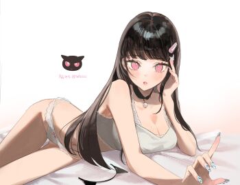 1girl absurdres animal_ear_hairband animal_ears artist_logo artist_name black_choker black_hair blush bow bow_panties bra bra_peek breasts cat_ear_hairband cat_ears choker commentary fake_animal_ears fingernails from_side grey_tank_top hair_ornament hairband hand_in_own_hair highres jewelry lace lace-trimmed_panties lace-trimmed_tank_top lace_trim large_breasts logo long_fingernails long_hair looking_at_viewer lying mole mole_on_breast nail_art navel necklace no_pants on_bed on_side original panties pink_background pink_eyes pink_lips seto_jiro sidelocks simple_background solo swept_bangs tank_top thigh_gap thighs underwear unworn_hairband