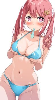 1girl absurdres bikini blue_bikini blush borrowed_character breast_lift breasts closed_mouth commentary_request condom condom_in_mouth cowboy_shot cum cum_on_body dot_nose double-parted_bangs hair_ornament hair_over_shoulder hair_ribbon hands_up highres kurumi_(kantoku) large_breasts long_hair looking_at_viewer miyuki_(yxbt7) mouth_hold navel o-ring o-ring_bikini original pink_eyes pink_hair ribbon shiny_skin simple_background solo star_(symbol) star_hair_ornament stomach swimsuit twintails used_condom white_background