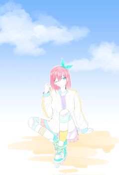 1girl ;( aqua_eyes aqua_hairband aqua_shoes arm_at_side arm_support asymmetrical_legwear aubrey_(faraway)_(omori) aubrey_(omori) b_hong bike_shorts bike_shorts_under_skirt blue_sky bow_hairband closed_mouth cloud collared_jacket commentary day double-parted_bangs double_horizontal_stripe facing_viewer full_body hair_between_eyes hairband hand_in_own_hair hand_up highres inline_skates jacket knee_brace kneehighs knees_apart_feet_together knees_up light_blush long_hair long_sleeves looking_to_the_side miniskirt mismatched_socks omori one_eye_closed open_clothes open_jacket outdoors outline pale_skin pink_hair pleated_skirt puffy_long_sleeves puffy_sleeves purple_shirt red_skirt roller_skates shirt shoelaces shoes sidelocks sideways_glance simple_background sitting skates skirt sky socks solo straight_hair symbol-only_commentary white_jacket white_outline white_socks yellow_socks