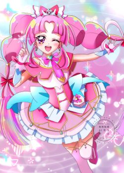 1girl ;d back_bow bare_shoulders blue_bow blunt_bangs blunt_ends blush bow bow_background braid brooch commentary cure_mystic dress earrings fingerless_gloves foot_out_of_frame glove_bow gloves gold_trim gradient_background hair_bow hair_ornament hand_up heart heart_background heart_brooch heart_in_eye highres impossible_hair index_finger_raised jewelry kobayashi_mikuru layered_dress leg_up long_hair looking_at_viewer magical_girl medium_dress meitantei_precure! momotarouooi off-shoulder_dress off_shoulder one_eye_closed open_mouth outstretched_arm outstretched_hand pact_holder parted_bangs pink_background pink_bow pink_dress pink_gloves pink_hair pink_shoes pink_thighhighs pleated_dress pouch precure purple_eyes red_bow shoes sidelocks smile solo sparkle spread_fingers symbol_in_eye thighhighs twin_braids very_long_hair watermark wing_hair_ornament