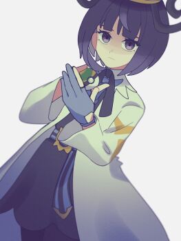 1girl belt black_dress blue_gloves blunt_bangs bob_cut closed_mouth coat commentary_request dress expressionless gloves gwynn_(pokemon) highres hiiro99522 holding holding_poke_ball looking_at_viewer nest_ball nintendo open_clothes open_coat partially_fingerless_gloves poke_ball pokemon pokemon_legends:_z-a purple_eyes purple_hair short_hair solo white_background white_coat