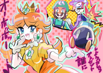 Rule 34 | 1girl, 2boys, absurdres, blue overalls, bob-omb, brown hair, dress, earrings, facial hair, flower earrings, gloves, green hat, green shirt, hat, highres, jewelry, long hair, luigi, mario (series), multiple boys, mustache, nintendo, open mouth, orange dress, overalls, pink background, princess daisy, purple hat, purple shirt, rakugaki shitagari-ya, shirt, smile, waluigi, white gloves