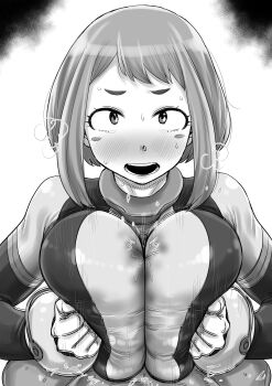 1boy 1girl absurdres blush bodysuit boku_no_hero_academia breasts highres kaiman_garupan large_breasts paizuri paizuri_over_clothes pov short_hair uraraka_ochako uraraka_ochako_(hero_outfit)