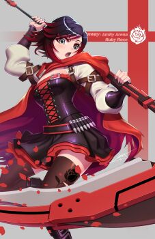 1girl belt black_belt black_corset black_dress black_footwear black_hair brown_thighhighs bullet character_name commentary copyright_name corset crescent_rose dress english_commentary gradient_hair grey_background grey_eyes highres holding holding_scythe layered_dress long_sleeves multicolored_hair official_art open_mouth petals print_thighhighs red_hair rose_petals ruby_rose rwby scythe short_dress short_hair solo strapless strapless_dress thighhighs uyalago zettai_ryouiki