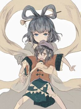 2girls black_hair black_ribbon black_skirt blue_dress blue_eyes blue_hair blush broken_arm chinese_clothes colored_skin commentary_request cowboy_shot dress empty_eyes fang hagoromo hair_between_eyes hair_ornament hair_rings hair_stick hat hat_ornament highres kaku_seiga lace-trimmed_sleeves lace_trim ladenaku looking_at_viewer medium_hair miyako_yoshika multicolored_skin multiple_girls neck_ribbon newsboy_cap open_mouth patchwork_skin puffy_short_sleeves puffy_sleeves purple_hat red_shirt revision ribbon shawl shirt short_hair short_sleeves simple_background skirt star_(symbol) star_hat_ornament stitches tangzhuang touhou vest white_background white_vest wide_sleeves yellow_eyes zombie