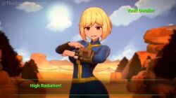 1girl 3d animated anna_anon audible_speech blonde_hair bodysuit fallout geiger_counter looking_at_viewer lowres outdoors pip_boy pov skin_tight sound tagme vault_girl vault_meat video