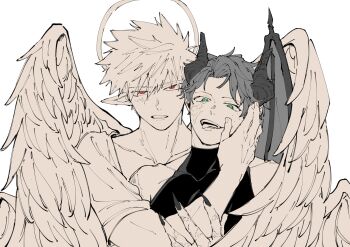 2boys absurdres angel_and_devil angel_wings bakugou_katsuki boku_no_hero_academia bwzb64761 closed_mouth collarbone commentary_request demon_boy demon_wings fingernails freckles green_eyes halo hands_on_another's_face heattech_leotard highres leotard long_fingernails looking_at_viewer male_focus midoriya_izuku multiple_boys pointy_ears red_eyes scar scar_on_face short_hair simple_background spiked_hair tongue tongue_out turtleneck white_background wings