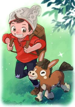 Rule 34 | 1boy, aoi k (turtle888), backpack, bag, beanie, black pants, blush, brown bag, brown eyes, brown hair, brown shoes, collared shirt, commentary request, gen 7 pokemon, grass, grey hat, grin, hat, holding strap, leaf, male focus, mudbray, nintendo, nostrils, outdoors, pants, pokemon, pokemon (creature), pokemon swsh, red shirt, shirt, shoes, short hair, smile, sparkle, teeth, victor (pokemon)