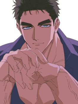Rule 34 | 1boy, bara, black hair, blue eyes, blue shirt, bodybuilder, domo (domo kizusuki), highres, kokado shido (domo), large pectorals, looking at viewer, male focus, manly, muscular, muscular arms, muscular male, original, own hands together, partially open shirt, pectoral cleavage, pectorals, shirt, short hair, shredded muscles, sideburns, simple background, tareme, thick thighs, thighs, v-taper, veins, veiny arms, white background