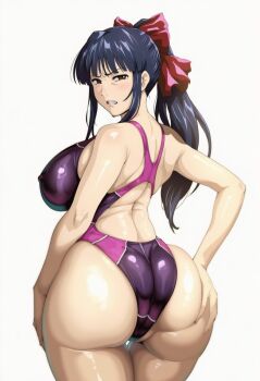 1girl annoyed ass blue_hair bow breasts brown_eyes clenched_teeth covered_erect_nipples hair_ribbon hand_on_own_ass highres huge_ass large_breasts legs long_hair one-piece_swimsuit partially_visible_vulva ponytail red_bow ribbon sakura_taisen sega shinguuji_sakura sideboob solo swimsuit teeth thick_thighs thighs