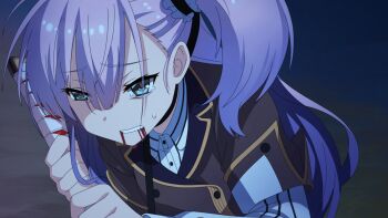 Rule 34 | 1girl, blood, blood from mouth, blue eyes, brown jacket, collared shirt, crying, crying with eyes open, furrowed brow, game cg, hair ribbon, holding, holding sword, holding weapon, jacket, katana, long hair, long sleeves, looking at viewer, non-web source, one side up, origami family's elite guard uniform, pink hair, pink pupils, ribbon, shirt, solo, spoilers, striped clothes, striped shirt, sweat, sword, tears, toji no miko, toji no miko: kizamishi issen no tomoshibi, tsubakuro yume, weapon, white shirt