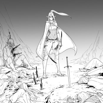 Rule 34 | 1girl, absurdres, after battle, bb (baalbuddy), blood, bloody weapon, breasts, corpse, covered mouth, cuts, dark-skinned female, dark-skinned male, dark elf, dark skin, death, dual wielding, elf, groin, high ponytail, highres, holding, injury, knife, kunai, long hair, lowleg, lowleg pants, mask, medium breasts, midriff, mouth mask, multiple others, navel, ninja, original, pants, planted, planted sword, planted weapon, pointy ears, ponytail, reverse grip, short sword, solo focus, standing, strapless, sword, throwing knife, torn clothes, torn pants, tube top, weapon, zana (dark elf stepsister)