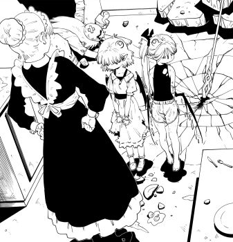 Rule 34 | 4girls, after battle, alternate hairstyle, barefoot, broken plate, commentary request, crack, cracked floor, crossed bandaids, dress, embarrassed, flandre scarlet, fork, full body, giving up the ghost, greyscale, hair bun, hands on own hips, head bump, high ponytail, highres, hong meiling, indoors, izayoi sakuya, knife, long dress, long hair, looking at another, looking down, maid, monochrome, multiple girls, planted, planted polearm, plate, pointy ears, polearm, ponytail, remilia scarlet, sendai (nazonomono), shirt, short hair, shorts, siblings, single hair bun, sisters, sleeveless, sleeveless shirt, socks, spear, spear the gungnir, standing, star (symbol), through wall, torn clothes, torn dress, torn shirt, touhou, weapon, wings