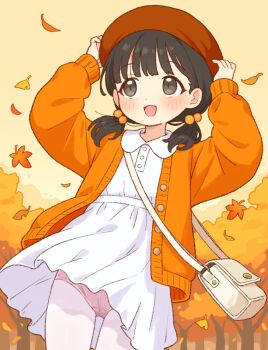 :d autumn blush cardigan collared_dress cowboy_shot dress flat_chest hair_bobbles hair_ornament hat leaf loli maple_leaf onyhakase open_mouth orange_cardigan original outdoors panties panties_under_pantyhose pantyhose pink_panties red_hat rounded_collar short_dress smile twintail_girl_(onyhakase) underwear white_dress white_pantyhose wind wind_lift