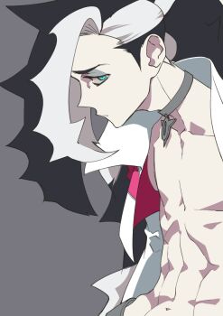 Rule 34 | 1boy, choker, closed mouth, collarbone, eyeshadow, green eyes, grey eyeshadow, jacket, kokujin youhei, looking at viewer, makeup, male focus, multicolored hair, nintendo, open clothes, open jacket, piers (pokemon), pokemon, pokemon swsh, sideburns, simple background, solo, toned, toned male, two-tone hair, upper body