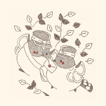 animal_focus bag bird commentary_request envelope hat highres holding holding_envelope holding_letter leaf letter long-tailed_tit mailman no_humans original shoulder_bag stippling_(texture) tit_(bird) traditional_media usagi_shigeko wax_seal