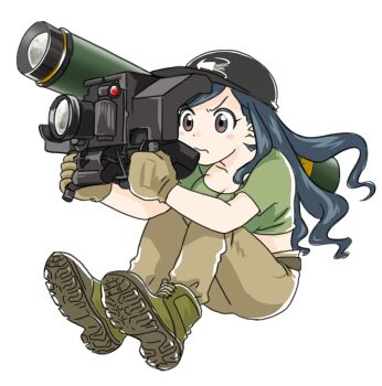 1girl anonymous_(japanese) belt black_hat blue_hair boots breasts brown_belt brown_boots brown_eyes brown_gloves brown_pants cleavage collarbone combat_boots crop_top curly_hair determined fgm-148_javelin from_side frown furrowed_brow gloves green_shirt hat holding holding_weapon japanon kraken_(japanon) kraken_regiment light_blush long_hair looking_to_the_side man-portable_anti-tank_systems medium_breasts midriff military non-web_source original pants rocket_launcher shirt sitting solo squid squid_print transparent_background weapon