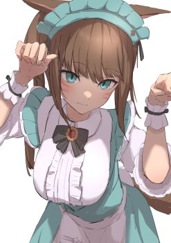 1girl absurdres animal_ears apron aqua_dress aqua_eyes aqua_headdress black_bow black_bowtie bow bowtie brown_hair cat_ears cat_girl cat_tail center_frills commentary commission dress facial_mark final_fantasy final_fantasy_xiv frilled_wrist_cuffs frills highres kaekae_kaeru leaning_forward long_hair looking_at_viewer maid_headdress miqo&#039;te paw_pose pinafore_dress shirt simple_background skeb_commission sleeveless sleeveless_dress slit_pupils solo tail three-quarter_sleeves waist_apron waitress warrior_of_light_(ff14) whisker_markings white_apron white_background white_shirt wrist_cuffs