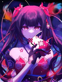 1girl bare_shoulders black_gloves cytise dark_background dress flower_tattoo fox_mask gloves hand_up highres holding holding_mask honkai:_star_rail honkai_(series) long_hair looking_at_viewer mark_under_both_eyes mask red_dress red_eyes shoulder_tattoo solo sparkle sparkle_(honkai:_star_rail) tattoo twintails unworn_mask upper_body