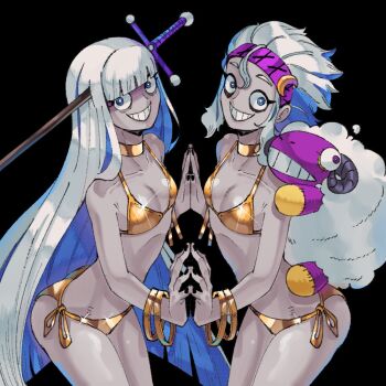 2girls alternate_costume bikini black_background black_nails blue_eyes blue_hair blunt_bangs blunt_ends bracelet colored_inner_hair colored_skin cowboy_shot crescent crescent_hair_ornament flat_chest genderswap genderswap_(mtf) glint gold_bikini gold_bracelet gold_choker greek_mythology grey_skin grin hair_ornament hairband hypnos_(mythology) jewelry long_hair looking_at_viewer morpheus_(mythology) multicolored_hair multiple_bracelets multiple_girls nail_polish object_through_head original palms_together purple_hairband sheep short_hair siblings skinny smile stuffed_animal stuffed_toy swimsuit sword sword_in_head symmetrical_hand_pose symmetrical_pose thanatos_(mythology) twins two-tone_hair very_long_hair wanderjegson weapon white_hair wide-eyed