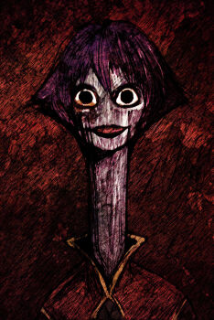 Rule 34 | 1girl, black eyes, chinese clothes, commentary request, creepy, darkstalkers, highres, horror (theme), hsien-ko, jiangshi, long neck, looking at viewer, mandarin collar, purple hair, red background, scorccio, simple background, solo, tomino's hell, wide-eyed