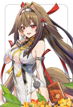1girl animal_ears bare_shoulders blush book breasts brown_hair china_dress chinese_clothes commentary_request dress eretto highres large_breasts long_hair looking_at_viewer open_mouth pelvic_curtain red_eyes see-through_cleavage see-through_clothes side_slit smile solo tail white_dress ye_shunguang zenless_zone_zero