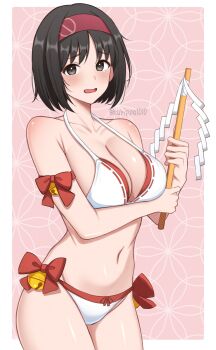 1girl bell bikini black_hair border breasts cleavage collarbone commentary_request cowboy_shot erika_(pokemon) gohei grey_eyes hairband highres holding holding_gohei large_breasts navel nintendo nontraditional_miko open_mouth pink_background pokemon pokemon_frlg red_hairband short_hair solo stomach surippa1010 swimsuit white_bikini white_border