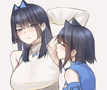 Rule 34 | 2girls, absurdres, arm up, armpits, bakushin o armpit gif (meme), bare shoulders, blue bow, blue bowtie, blue eyes, blue hair, blue shirt, blue streaks, blunt bangs, blunt ends, blunt sidelocks, blush, bow, bowtie, breasts, closed eyes, closed mouth, commentary, detached sleeves, dual persona, embarrassed, english commentary, hair behind ear, hair intakes, half-closed eyes, highres, hime cut, hololive, hololive english, large breasts, licking, licking armpit, long hair, looking at another, meme, multiple girls, no jacket, nurizza ilst, ouro kronii, ouro kronii (4th costume), ouro kronii (casual), presenting armpit, raised eyebrow, selfcest, shirt, short hair, sidelocks, sleeveless, sleeveless sweater, sleeveless turtleneck, sweat, sweater, turtleneck, turtleneck sweater, upper body, virtual youtuber, white sweater, yuri