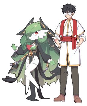 1boy 1girl :| absurdres black_dress black_hair black_shoes black_veil bob_cut breasts broken broken_chain brown_pants brown_shoes chain character_request closed_mouth clothed_pokemon colored_skin cosplay dress expressionless floating full_body gardevoir gen_3_pokemon glasses gold_trim green_hair green_skin green_veil groin hair_over_one_eye hand_up hands_on_own_hips happy highres joanne_(trickcal) joanne_(trickcal)_(cosplay) knees_together_feet_apart long_dress long_sleeves looking_at_viewer majinmallow multicolored_skin nape_braid nintendo no_feet no_panties one_eye_covered opaque_glasses pants pelvic_curtain pince-nez poke_ball poke_ball_(basic) pokemon pokemon_(creature) red_eyes round_eyewear sash shoes short_hair simple_background sleeves_rolled_up small_breasts smile split_mouth standing thighhighs torn_clothes torn_veil trickcal tunic two-sided_veil two-tone_skin veil white_background white_skin white_thighhighs white_tunic yellow_trim