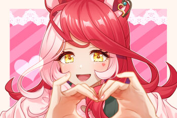 Rule 34 | 1girl, animal ears, blush, casual, commentary request, cropped shoulders, dress, facial mark, hair between eyes, heart, heart facial mark, heart hands, heart on cheek, highres, horse ears, horse girl, long hair, looking at viewer, loves only you (casual) (umamusume), loves only you (umamusume), marichi, mole, mole on neck, multicolored hair, open mouth, pink nails, red hair, smile, solo, umamusume, yellow eyes