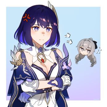 Rule 34 | 2girls, anger vein, asymmetrical gloves, blue background, blue eyes, blue gloves, blue hair, border, breasts, bronya zaychik, bronya zaychik (silverwing: n-ex), cleavage, commentary, crossed arms, dress, drill hair, english commentary, gloves, grey eyes, grey hair, head only, honkai (series), honkai impact 3rd, large breasts, long hair, lorust, mismatched gloves, multicolored hair, multiple girls, seele vollerei, seele vollerei (apho), short hair, two-tone hair, white border, white dress, white gloves