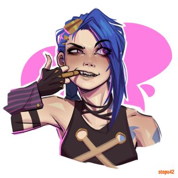 Rule 34 | 1girl, arcane: league of legends, arcane jinx, artist name, bare shoulders, black choker, black gloves, black shirt, blue hair, braid, choker, collarbone, eyelashes, eyes visible through hair, eyeshadow, eyewear on head, finger in own mouth, fingerless gloves, freckles, gloves, hair over one eye, hand up, highres, jinx (league of legends), league of legends, lips, long hair, looking at viewer, looking to the side, makeup, multicolored hair, nose, open mouth, outline, portrait, purple background, purple eyes, purple streaks, shirt, solo, stopu, teeth, two-tone hair, white background, white outline
