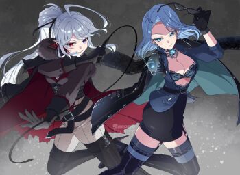 2girls ahoge aiming aiming_at_viewer black_boots black_corset black_gloves black_jacket black_skirt blue_bra blue_eyes blue_hair blue_shirt boots bra breasts coat coat_on_shoulders corset fur_trim garter_straps general_geega general_geega_(inquisitor) gloves grey_background grey_hair gun heterochromia high_ponytail holding holding_gun holding_removed_eyewear holding_weapon holding_whip indie_virtual_youtuber jacket long_hair monarch_(amalee) monarch_(mafia)_(amalee) multiple_girls official_alternate_costume open_clothes open_shirt pants pointy_ears ponytail red_eyes saraemi shirt skirt torn_clothes torn_coat underlighting underwear unworn_eyewear virtual_youtuber weapon white_pants