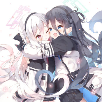 2girls affectionate aris_(blue_archive) black_hair black_hairband black_skirt blue_archive commentary_request hair_between_eyes hairband half_updo halo heart heart_hair_duo highres hug jacket kei_(blue_archive) kei_(new_body)_(blue_archive) long_hair long_hair_between_eyes multiple_girls one_side_up skirt ukiwakisen very_long_hair white_hair white_jacket