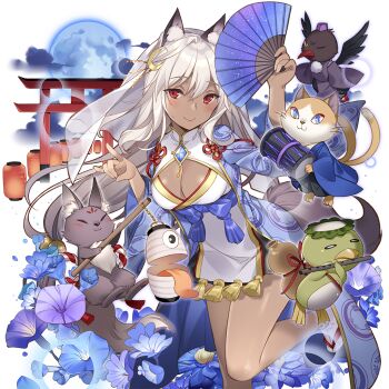 1girl animal_ears bare_legs breasts cat closed_mouth crescent crescent_hair_ornament dark-skinned_female dark_skin flower fox_ears fox_girl fox_tail full_moon grey_hair hair_between_eyes hair_ornament hand_fan holding holding_fan japanese_clothes long_hair medium_breasts moon morning_glory red_eyes rie_(reverie) sandals socks tail tengu torii uchi_no_hime-sama_ga_ichiban_kawaii vivi_blacks white_socks zouri