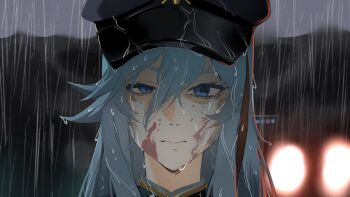 1girl 86_-eightysix- absurdres black_hat blood blood_on_face blue_eyes commentary_request eye_twitch gold_trim hat highres jacket knowname military military_hat military_jacket military_uniform multicolored_hair peaked_cap rain red_hair reze's_eye_twitch_(chainsaw_man) streaked_hair vladilena_millize water_drop white_hair