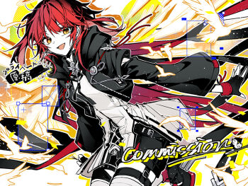 Rule 34 | 1girl, :d, arknights, black gloves, black jacket, black shorts, commission, exusiai (arknights), exusiai the new covenant (arknights), fingerless gloves, fy fei xiao ya, gloves, hood, hood down, hooded jacket, jacket, light particles, long sleeves, looking at viewer, medium hair, open clothes, open jacket, open mouth, orange eyes, red hair, shirt, shorts, smile, solo, thigh strap, thighhighs, watermark, white shirt, white thighhighs