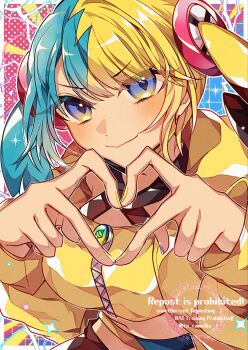 Rule 34 | 1girl, aqua hair, bandeau, black mask, blonde hair, blue eyes, blush, breasts, canari (pokemon), closed mouth, commentary request, criss-cross straps, dark-skinned female, dark skin, electricity, four-finger heart hands, heart, heart hands, highres, jacket, large breasts, long sleeves, looking at viewer, mask, mask pull, mega stone, mouth mask, multicolored hair, navel, nintendo, pants, pokemon, pokemon legends: z-a, short twintails, smile, solo, split-color hair, sports bra, to camellia, twintails, two-tone hair, two-tone mask, two-tone pants, yellow bandeau, yellow jacket, yellow mask, yellow nails, yellow sports bra