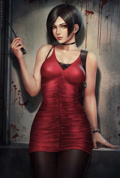 1girl absurdres ada_wong bare_shoulders black_hair blush breasts brown_eyes choker dress female_focus gloves gun highres looking_at_viewer medium_breasts pantyhose red_dress resident_evil resident_evil_2 resident_evil_2_(remake) sciamano240 short_hair simple_background solo standing weapon