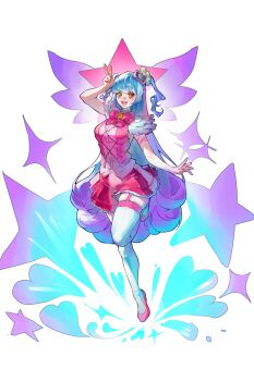 1girl absurdres arm_tattoo blue_hair bow bowtie breasts commentary dress english_commentary full_body garter_straps hair_ornament heart heart_hair_ornament highres hong_sa lobotomy_corporation long_hair magical_girl medium_breasts open_mouth pink_bow pink_bowtie pink_shoes pink_skirt pink_vest pleated_skirt project_moon queen_of_hatred shoes simple_background skirt sleeveless sleeveless_dress smile solo sparkle star_(symbol) tattoo thighhighs two_side_up v very_long_hair vest white_background white_thighhighs winged_sleeves yellow_eyes