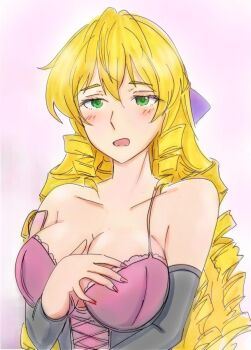 1girl akuyaku_reijou_tensei_ojisan bare_shoulders black_corset black_sleeves blonde_hair blush commentary corset detached_sleeves grace_auvergne green_eyes highres lingerie long_hair marker_(medium) potekite solo traditional_media underwear