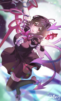 1girl absurdres ahoge arm_up arnold_fland asymmetrical_wings black_dress black_hair black_thighhighs blue_wings blurry blurry_background bow bowtie breasts buttons center_frills dress footwear_bow frills full_body hair_between_eyes highres houjuu_nue leg_up looking_at_viewer open_mouth pointy_ears red_bow red_bowtie red_eyes red_wings short_sleeves signature smile snake solo thighhighs touhou ufo wings
