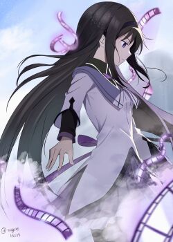 1girl above_clouds akemi_homura akemi_homura_(magical_girl) black_hair blue_sky cloud cloudy_sky film_strip highres long_hair looking_to_the_side magical_girl mahou_shoujo_madoka_magica nagare_(flow) purple_eyes sky solo