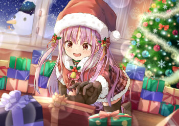 Rule 34 | 1girl, :d, absurdres, all fours, alternate costume, bell, black gloves, black thighhighs, blurry, blurry background, blush, box, capelet, christmas, christmas tree, commentary request, eyes visible through hair, fur-trimmed capelet, fur-trimmed headwear, fur-trimmed skirt, fur trim, gift, gift box, glint, gloves, hair between eyes, hair spread out, hat, heaven burns red, highres, indoors, kunimi tama, long hair, miniskirt, mistletoe, neck bell, night, no shoes, open mouth, pink hair, plaid clothes, plaid skirt, reaching, red capelet, red eyes, red hat, red skirt, santa costume, santa hat, skirt, smile, snowman, solo, tatika714, thighhighs, two side up, very long hair, window, zettai ryouiki