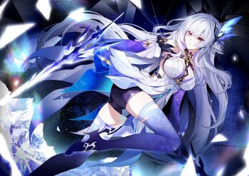 1girl absurdres azurelight_(genshin_impact) breasts closed_mouth commentary dress dutch_angle expressionless floating floating_object floating_sword floating_weapon foot_out_of_frame genshin_impact hair_ornament hand_to_weapon high_heels highres hoxino large_breasts long_hair looking_back outstretched_arm pink_eyes prosthesis prosthetic_arm prosthetic_leg sideless_outfit skirk_(genshin_impact) solo sword symbol-only_commentary very_long_hair weapon white_dress white_hair