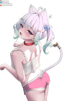 1girl absurdres ahoge animal_collar animal_ears ass blue_eyes blush breasts camisole cat_ears cat_girl cat_tail collar commentary crop_top dolphin_shorts fang frilled_straps from_side gradient_hair green_hair hair_ornament heart heart-shaped_pupils highres indie_virtual_youtuber looking_at_viewer mint_fantome mint_fantome_(otaku) multicolored_hair official_alternate_costume open_mouth paw_pose pink_shorts pointy_ears red_collar short_shorts shorts simple_background skin_fang solo standing symbol-shaped_pupils syxh tail virtual_youtuber white_background white_camisole white_hair x_hair_ornament
